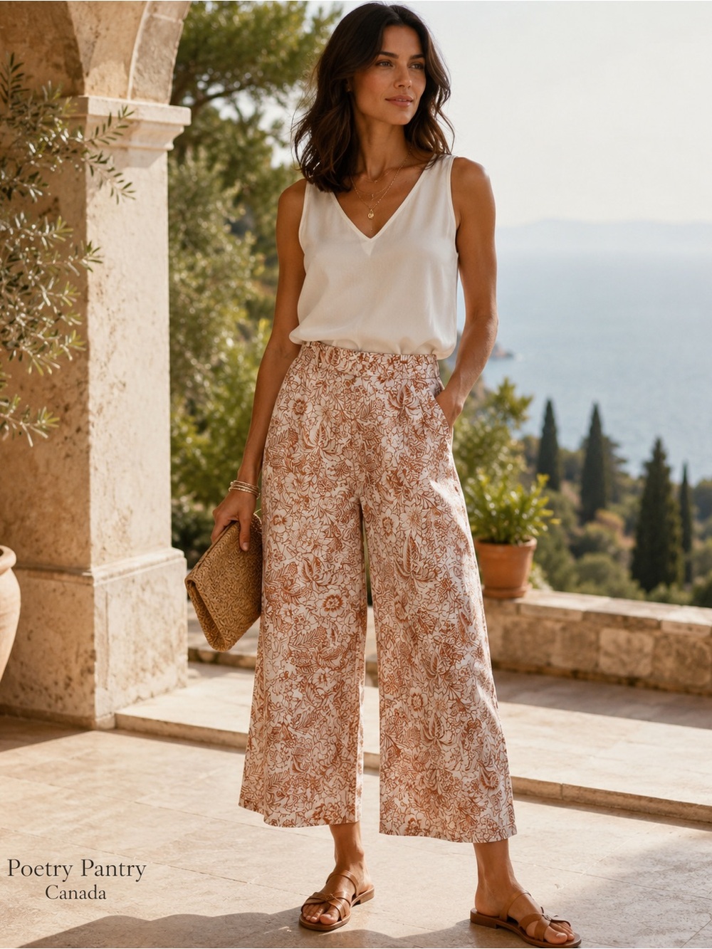 Rachel Zoe Cream and Brown Wide-Leg Cropped Floral Pants 🌸 100% linen